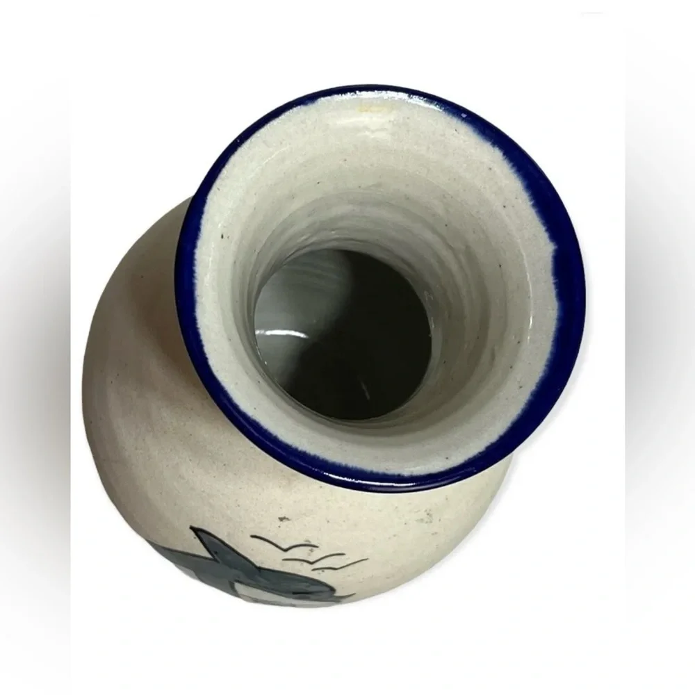 Hand Made Tonala Vase‎ Dolphin Mexico Signed Inside Glazed 9